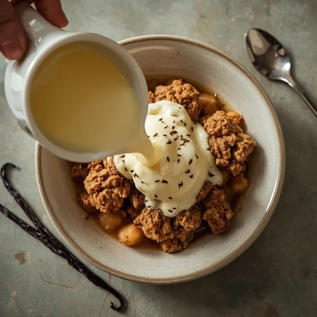 Gordon Ramsay custard poured from a jug over warm apple crumble