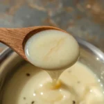 Vanilla custard coating the back of a wooden spoon