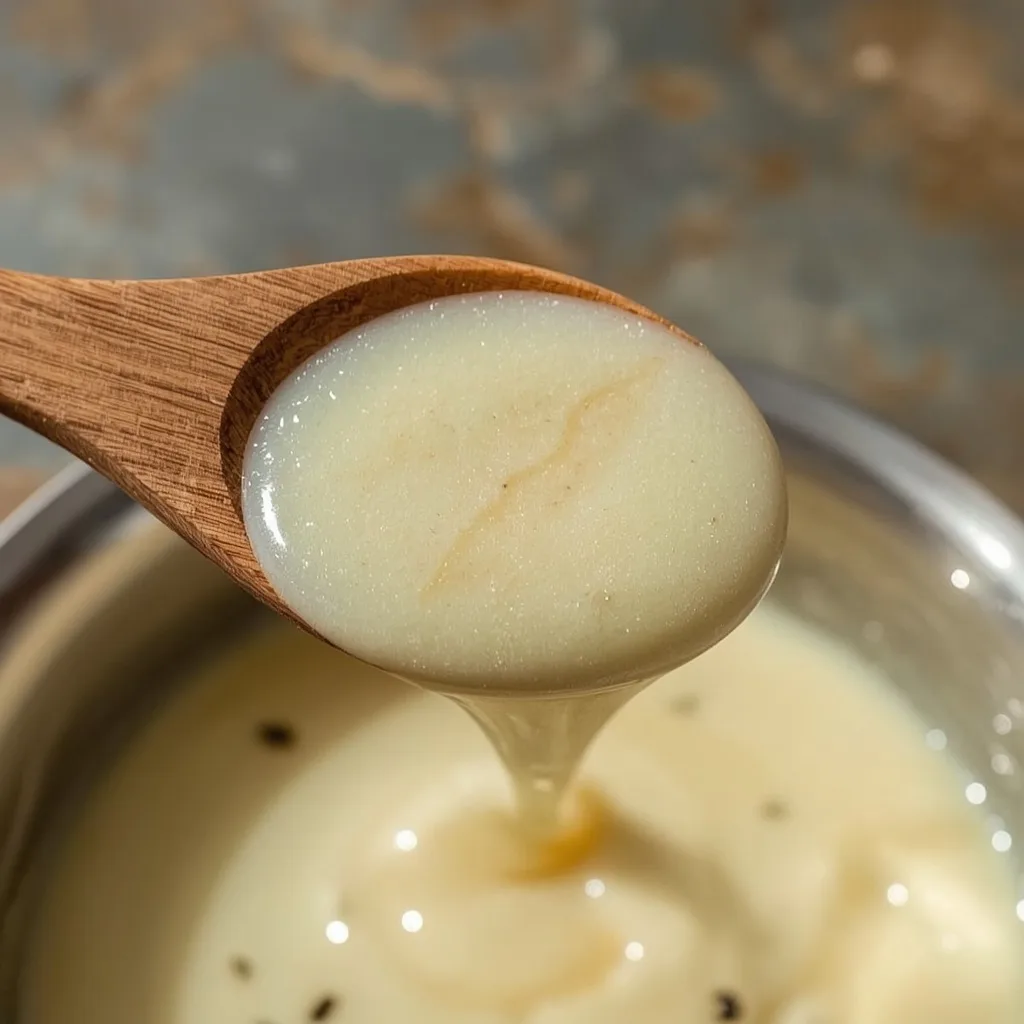 Vanilla custard coating the back of a wooden spoon