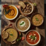 Assorted fall soups in bowls including butternut squash, French onion, mushroom and beef barley