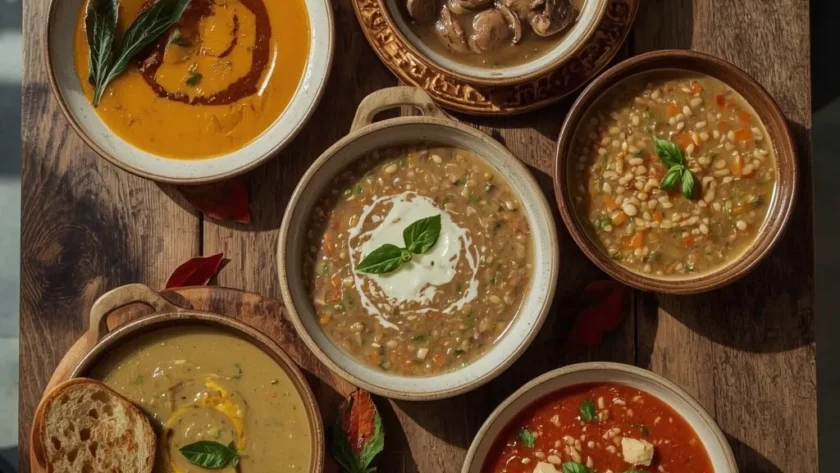 Assorted fall soups in bowls including butternut squash, French onion, mushroom and beef barley