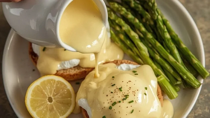 Gordon Ramsay hollandaise sauce poured over eggs Benedict with asparagus