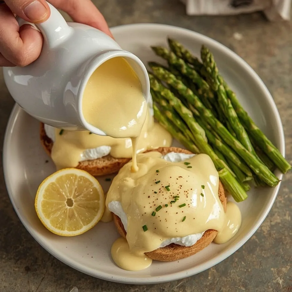Gordon Ramsay hollandaise sauce poured over eggs Benedict with asparagus