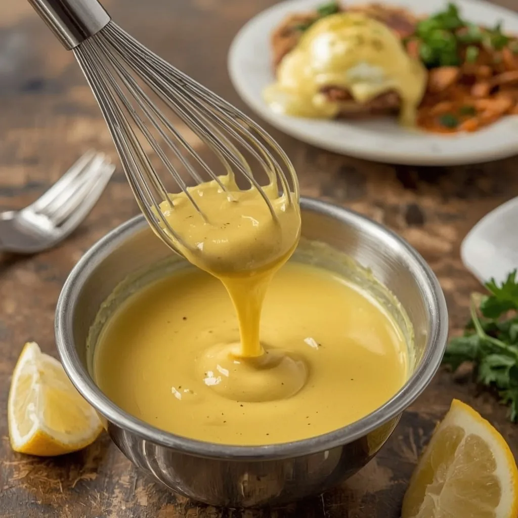 Silky hollandaise sauce dripping from a whisk