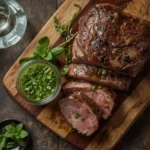 Gordon Ramsay mint sauce in a jar beside sliced roast rack of lamb