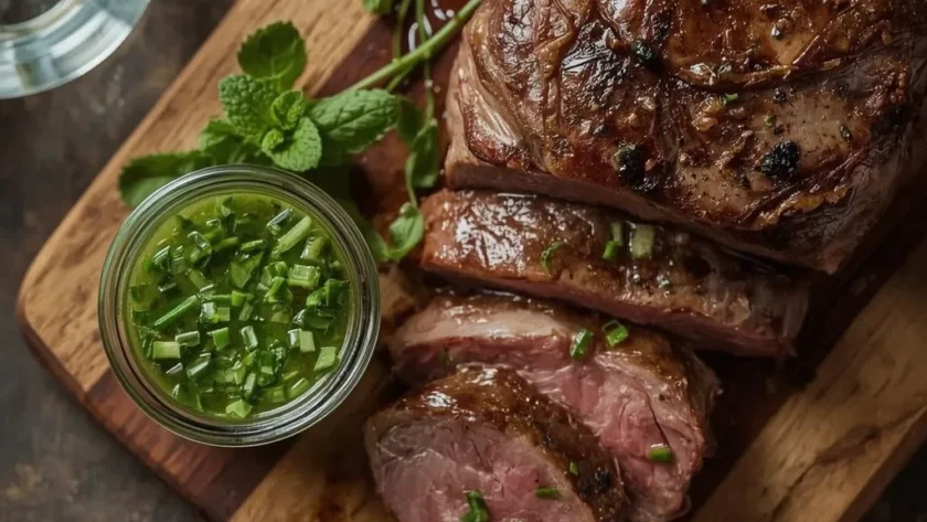 Gordon Ramsay mint sauce in a jar beside sliced roast rack of lamb