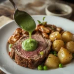 Fresh mint sauce spooned over roast lamb with potatoes and peas