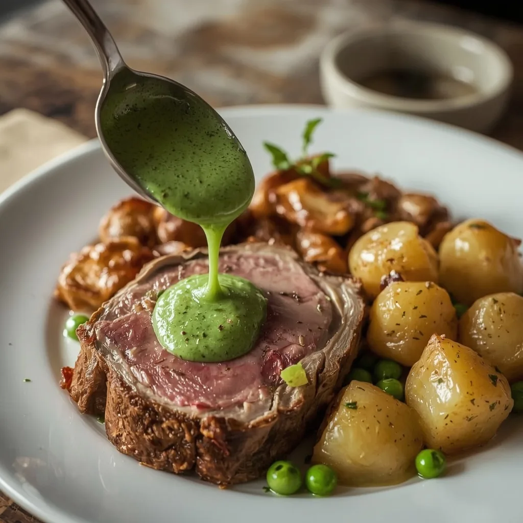 Fresh mint sauce spooned over roast lamb with potatoes and peas