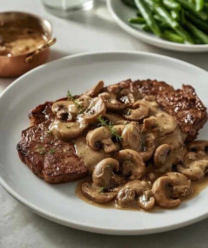Gordon Ramsay mushroom sauce spooned over sliced steak with green beans