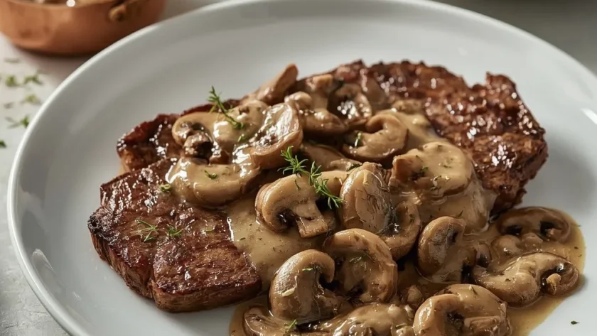 Gordon Ramsay mushroom sauce spooned over sliced steak with green beans