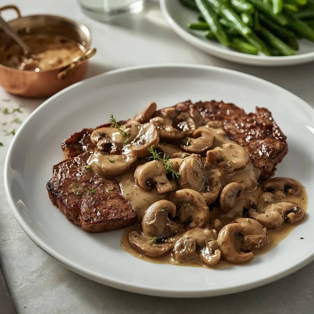Gordon Ramsay mushroom sauce spooned over sliced steak with green beans