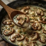 Creamy mushroom sauce with browned mushrooms in a skillet