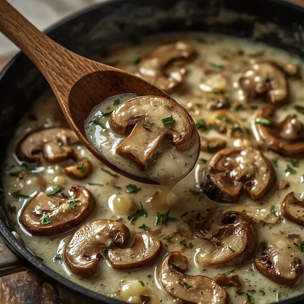 Creamy mushroom sauce with browned mushrooms in a skillet