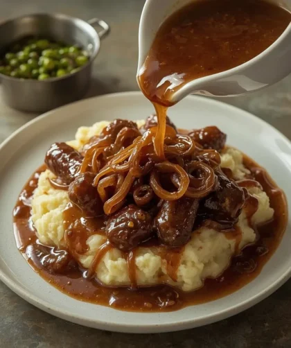 Gordon Ramsay onion gravy over beef sausages and mashed potatoes