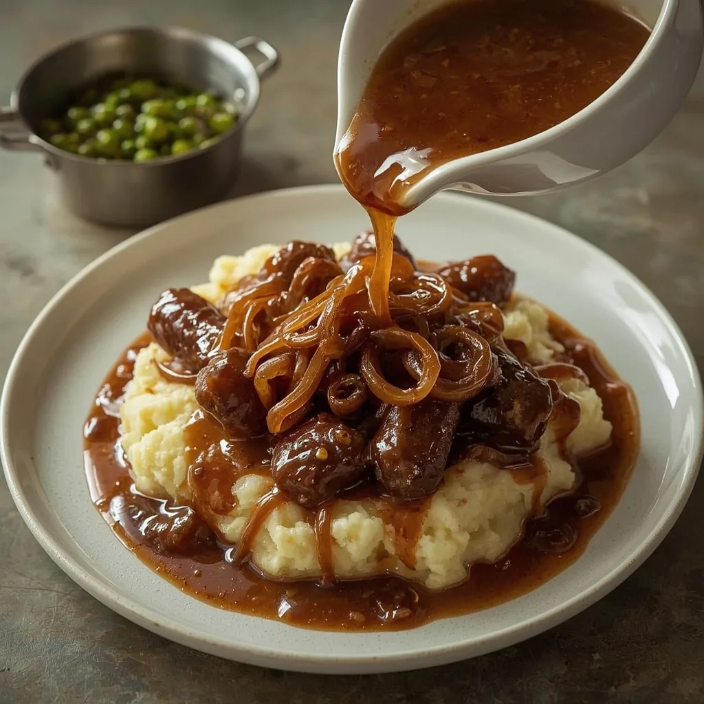 Gordon Ramsay onion gravy over beef sausages and mashed potatoes