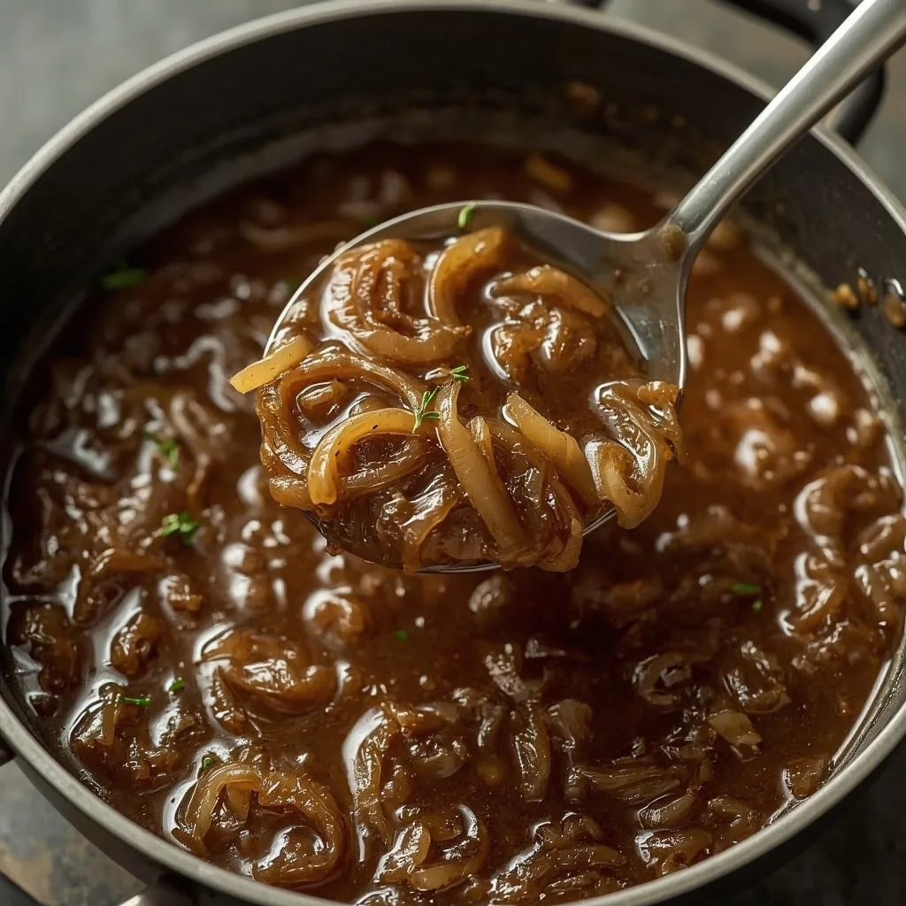Rich onion gravy with caramelized onions in a saucepan