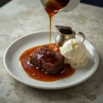 Gordon Ramsay sticky toffee sauce poured over sticky date pudding with ice cream