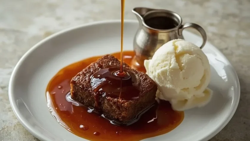 Gordon Ramsay sticky toffee sauce poured over sticky date pudding with ice cream