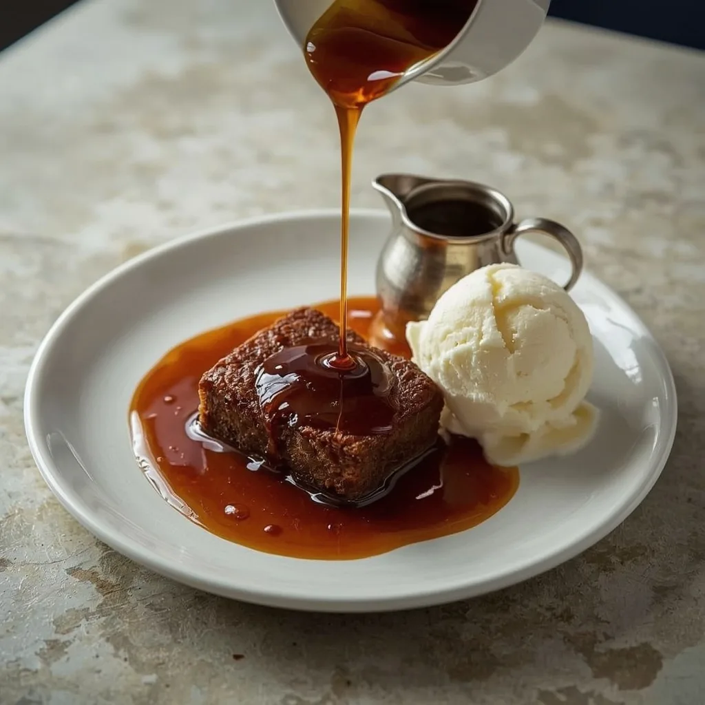 Gordon Ramsay sticky toffee sauce poured over sticky date pudding with ice cream