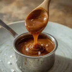 Glossy sticky toffee sauce dripping from a wooden spoon