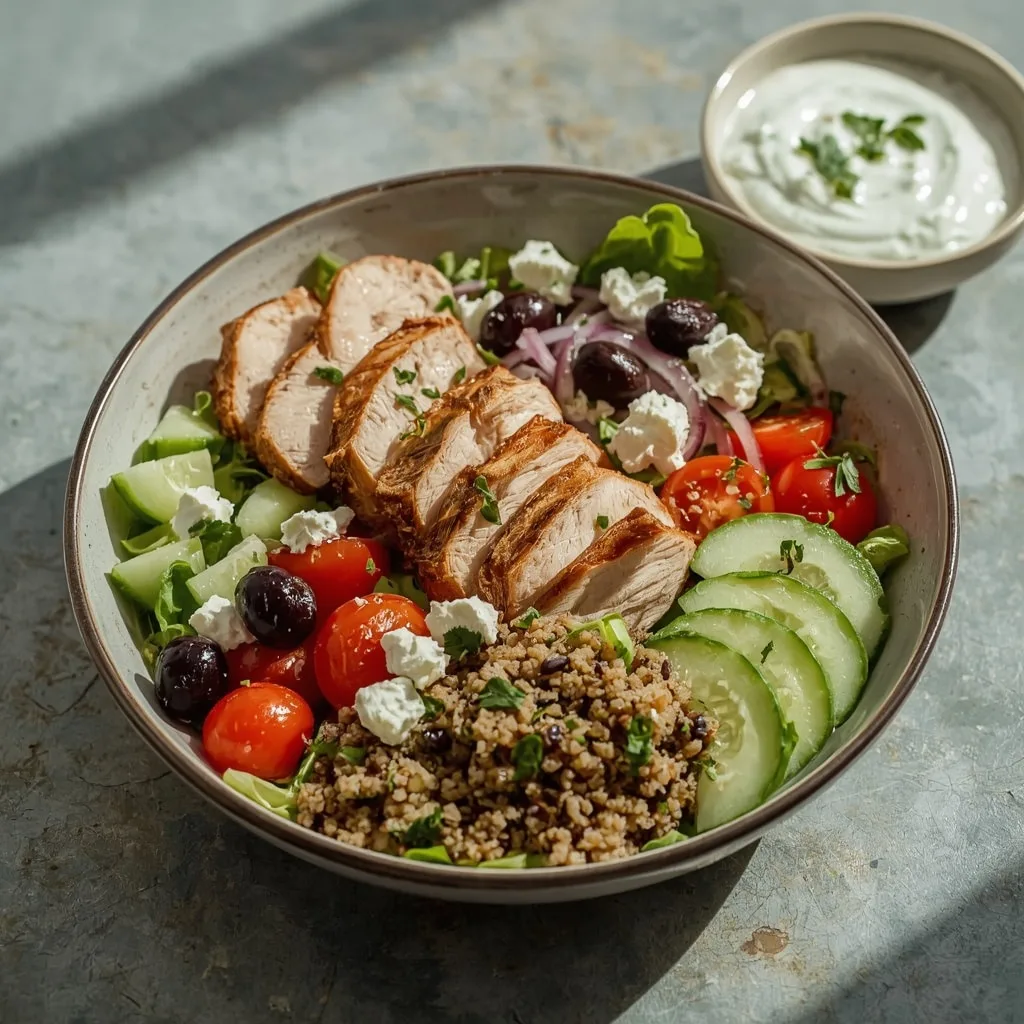 Greek turkey salad bowl with quinoa, feta and tzatziki