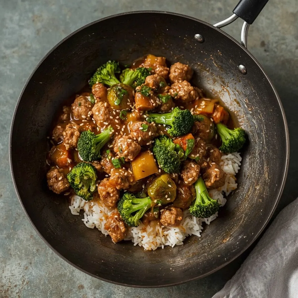 Ground turkey and broccoli stir-fry over rice