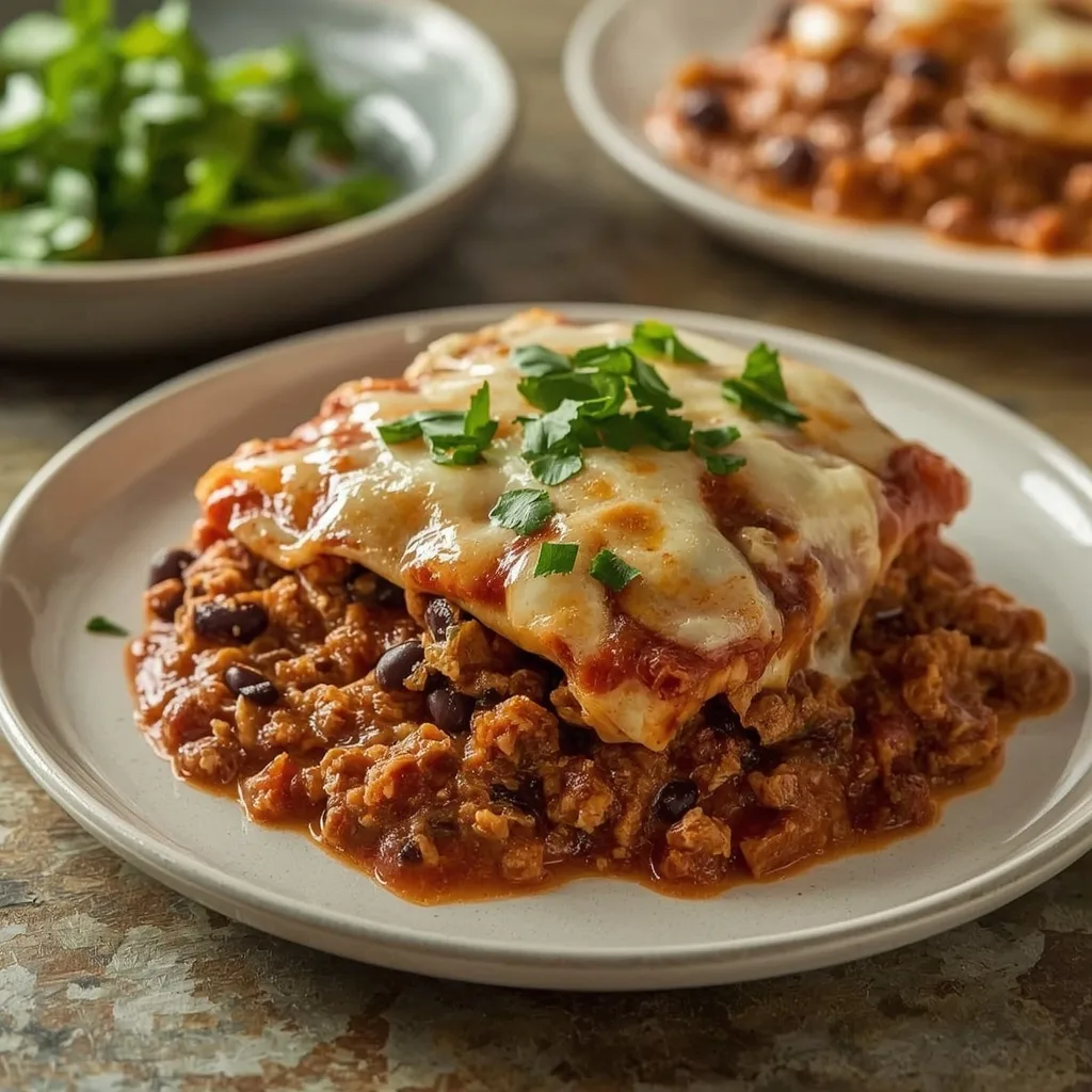 Ground turkey enchilada casserole with melted cheese