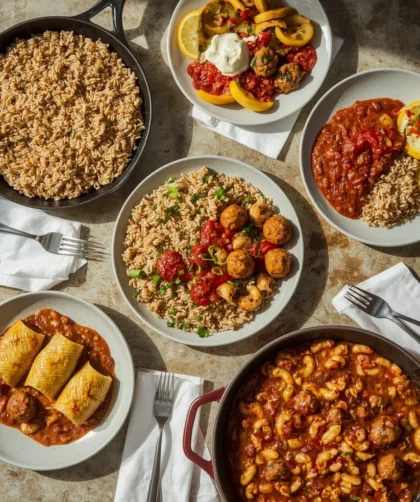 Ground turkey dinners including taco skillet, Korean bowls, meatballs, stuffed shells and chili mac