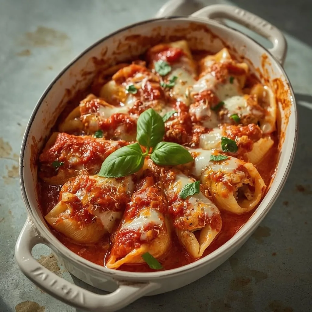 Turkey and ricotta stuffed shells baked in marinara