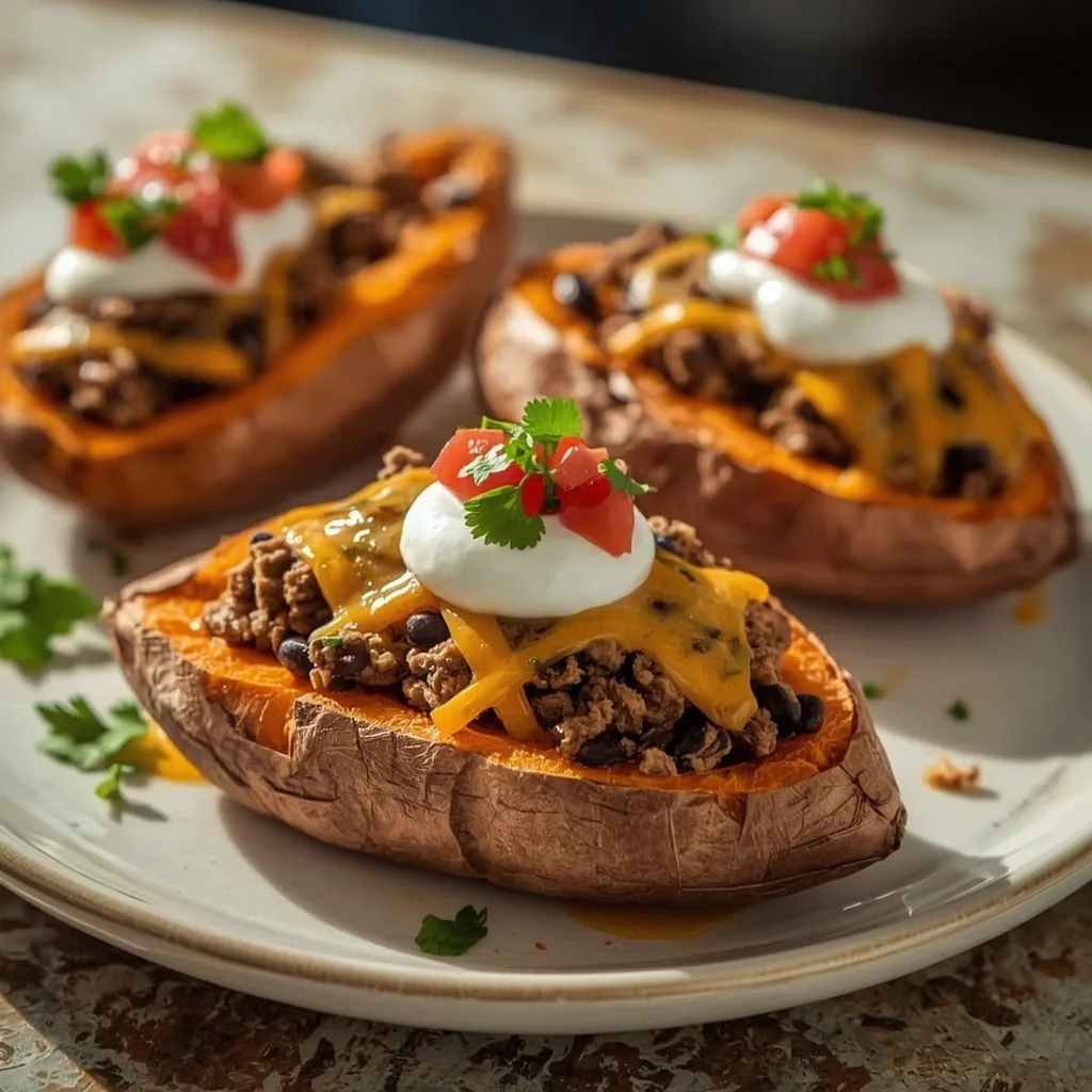Sweet potatoes stuffed with ground turkey and black beans
