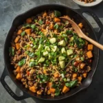 Ground turkey sweet potato skillet with black beans, peppers, melted cheddar and avocado