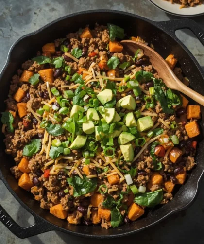Ground turkey sweet potato skillet with black beans, peppers, melted cheddar and avocado