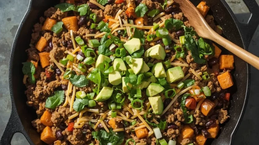 Ground turkey sweet potato skillet with black beans, peppers, melted cheddar and avocado