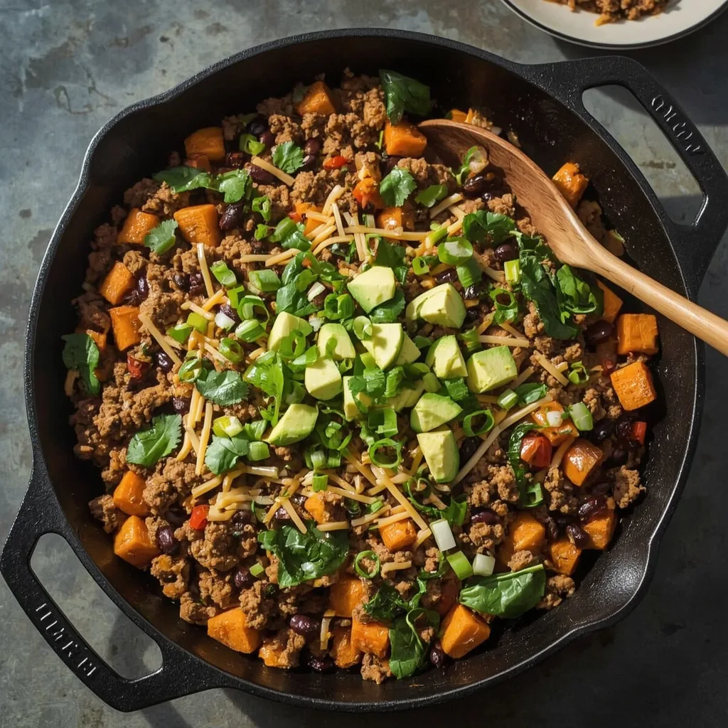 Ground turkey sweet potato skillet with black beans, peppers, melted cheddar and avocado