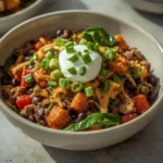 Bowl of ground turkey sweet potato skillet with black beans, cheddar and avocado