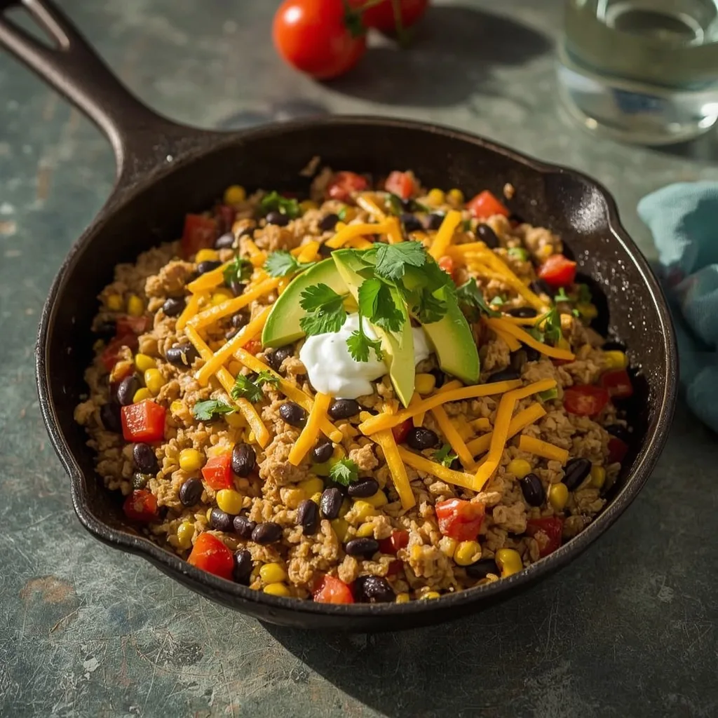 Cheesy ground turkey taco rice skillet with avocado