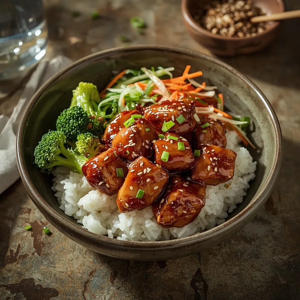 Honey garlic turkey rice bowl with broccoli and sesame