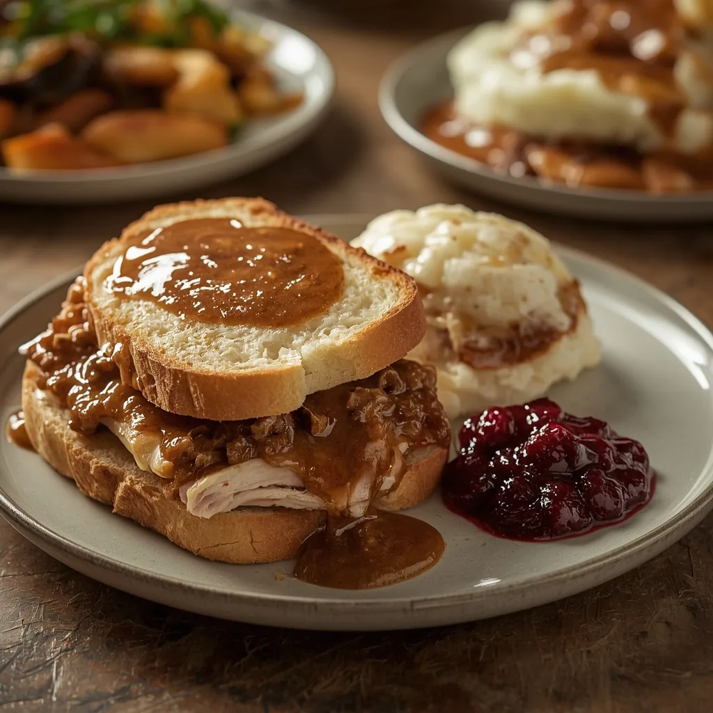 Open-faced hot turkey sandwich with gravy and mashed potatoes