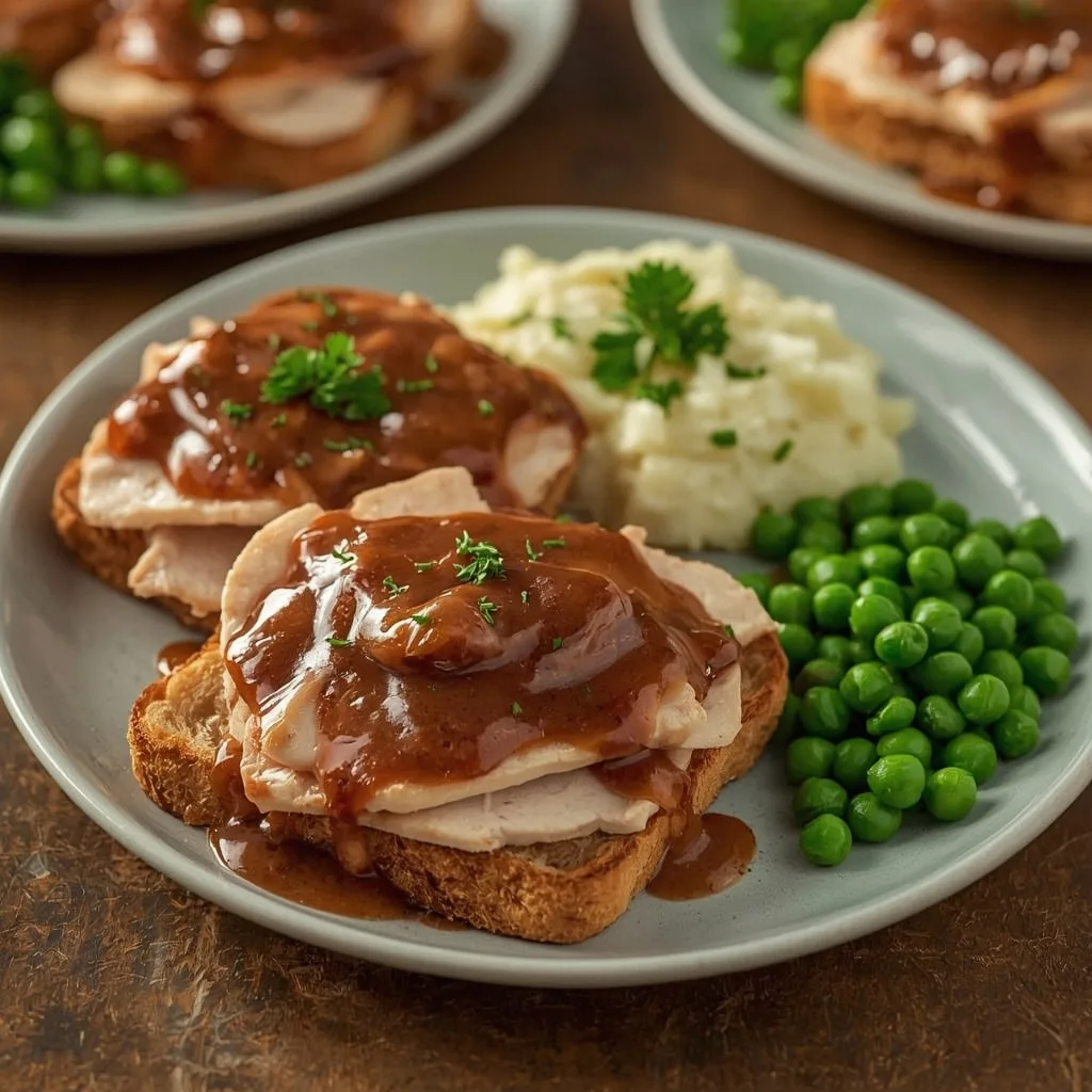 Open-faced hot turkey sandwich smothered in gravy with mashed potatoes and peas