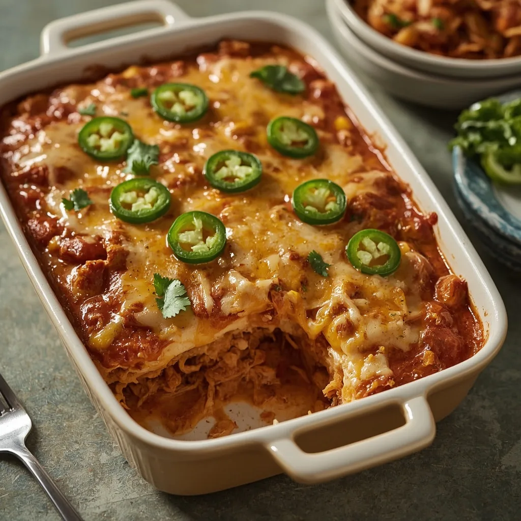 King Ranch turkey casserole with melted cheddar, jalapenos and cilantro