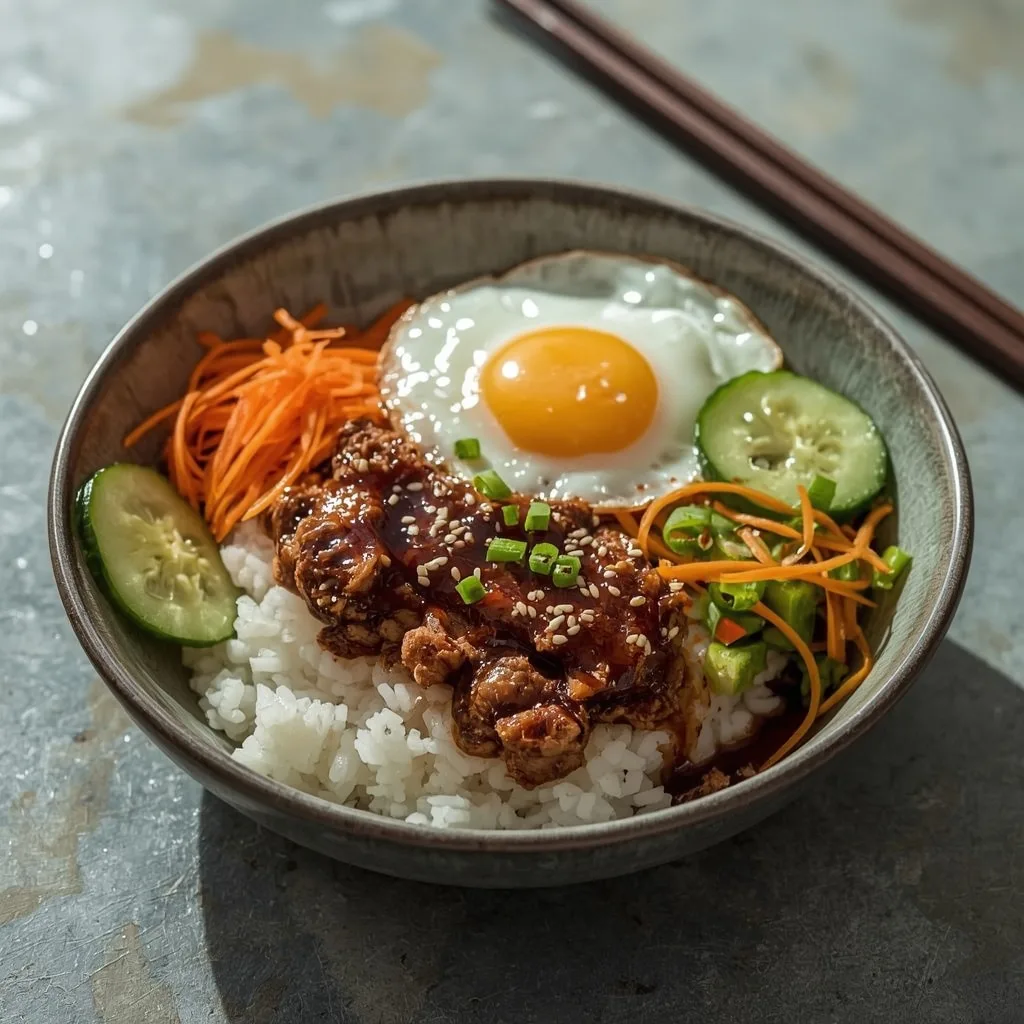 Korean ground turkey rice bowl with vegetables and sesame
