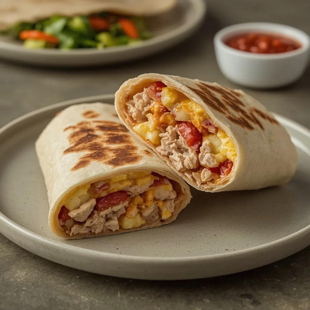 Turkey breakfast burritos with eggs, potatoes and cheese