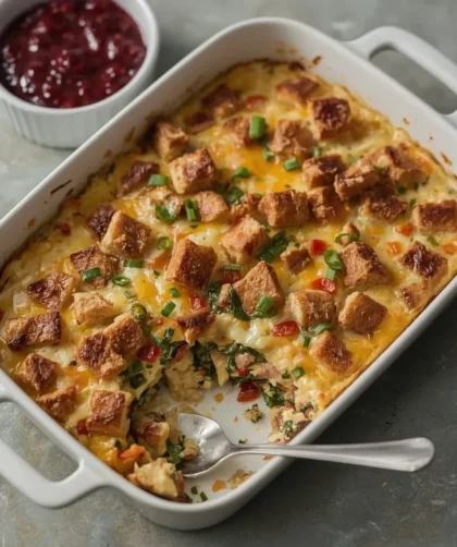 Leftover turkey breakfast casserole with bread, peppers, spinach and melted cheddar