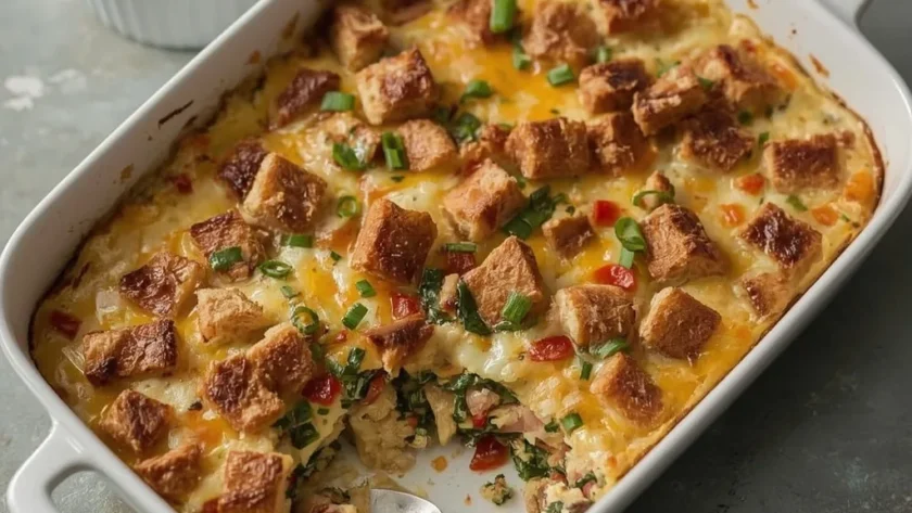 Leftover turkey breakfast casserole with bread, peppers, spinach and melted cheddar