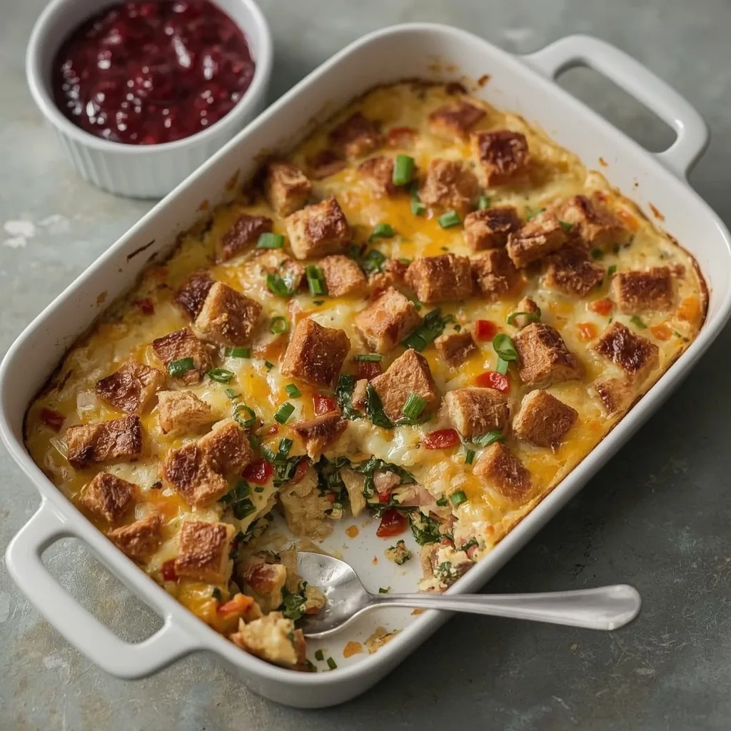 Leftover turkey breakfast casserole with bread, peppers, spinach and melted cheddar