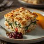 Square of leftover turkey breakfast casserole with cranberry sauce
