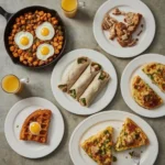 Leftover turkey breakfast dishes including hash, burritos, frittata, stuffing waffles and quiche