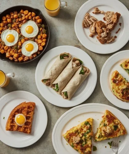 Leftover turkey breakfast dishes including hash, burritos, frittata, stuffing waffles and quiche