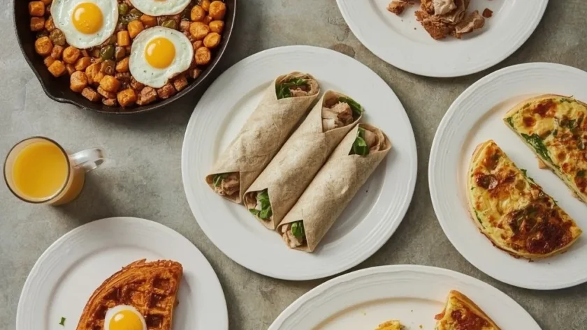 Leftover turkey breakfast dishes including hash, burritos, frittata, stuffing waffles and quiche