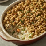 Creamy leftover turkey casserole with a crisp golden stuffing topping
